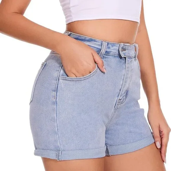 Denim Shorts Women Stretchy High Waisted Fold Hem Jean Shorts - Picture 3 of 6
